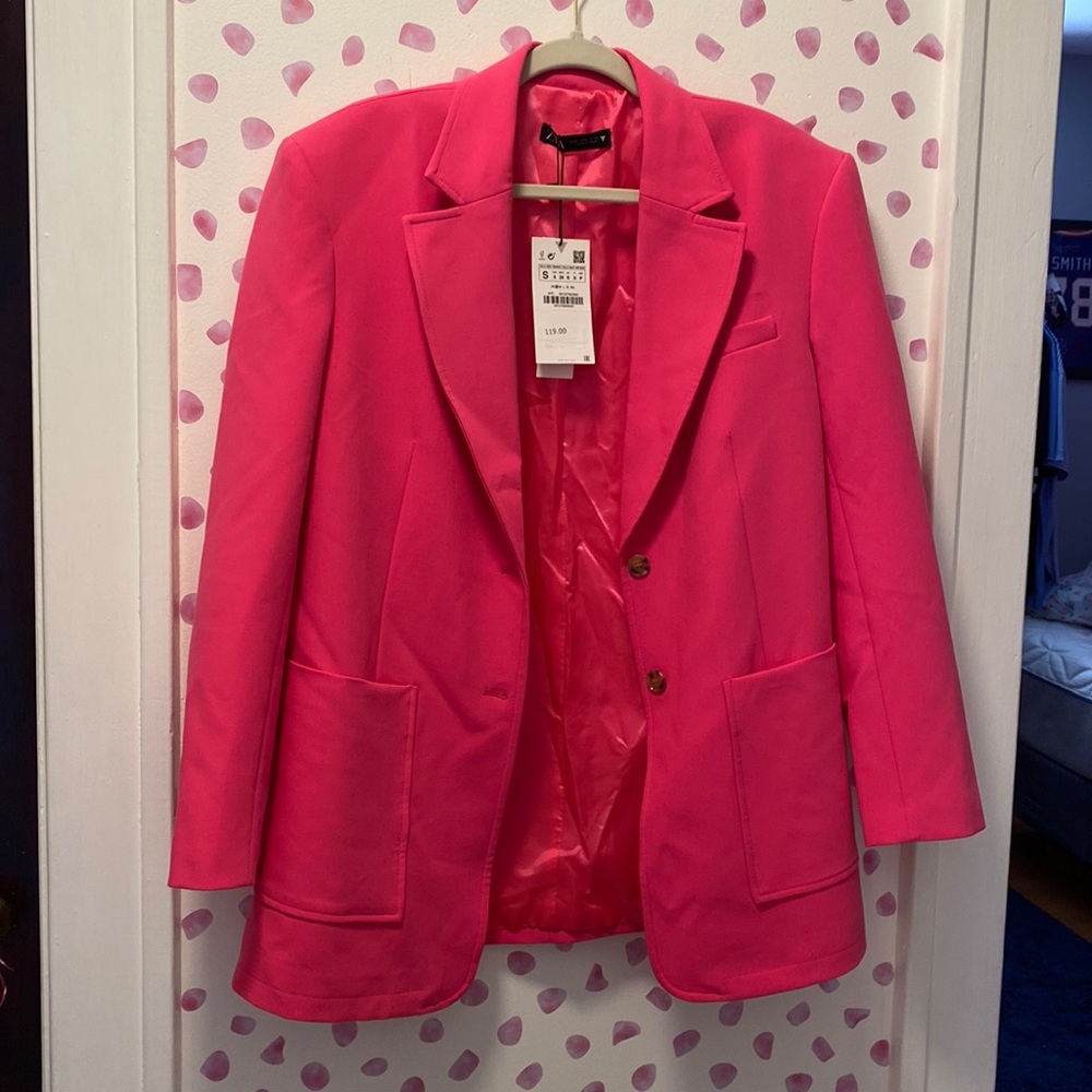 Hot Pink Zara Menswear Style Blazer with Tortoise Buttons NWT Size Small